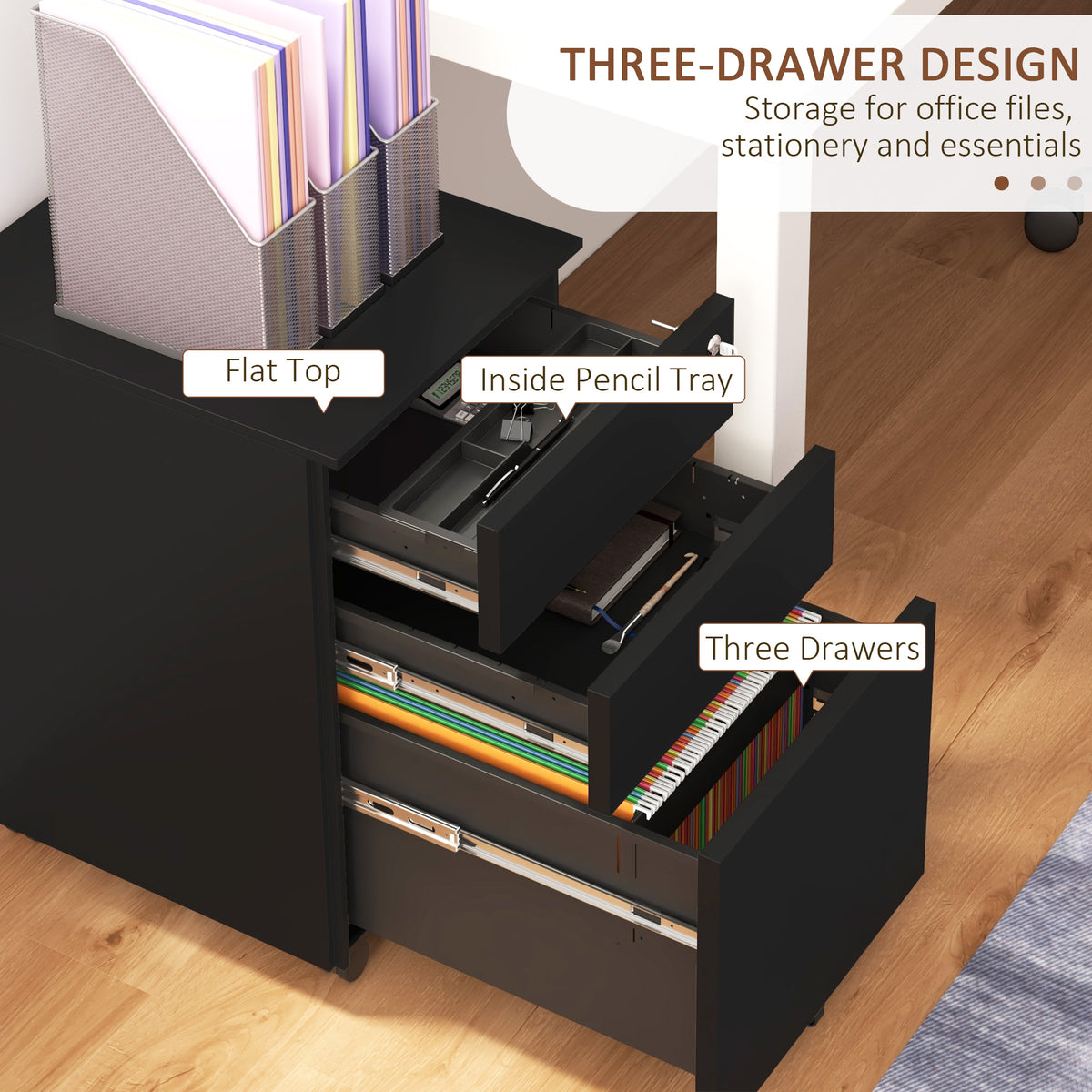 3-Drawer Vertical Filing Cabinet with Pencil Tray, Lock and 5 Wheels, Steel Mobile File Cabinet, for A4, Legal and Letter Size, Pre-Assembled Body