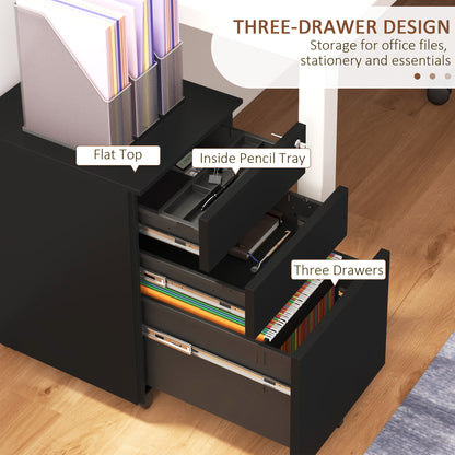 3-Drawer Vertical Filing Cabinet with Pencil Tray, Lock and 5 Wheels, Steel Mobile File Cabinet, for A4, Legal and Letter Size, Pre-Assembled Body