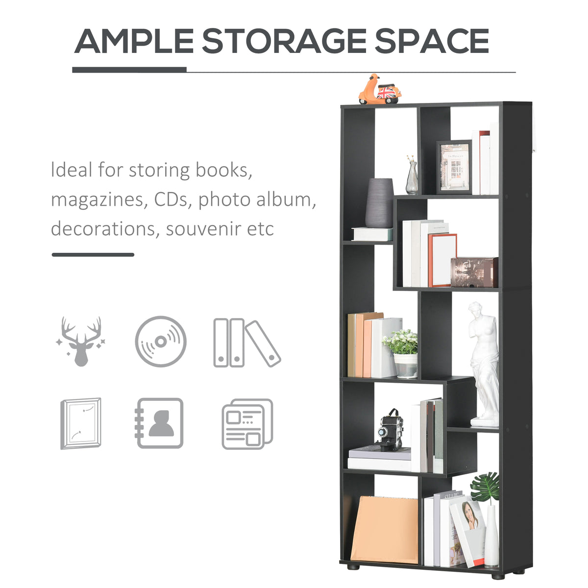 8-Tier Freestanding Bookcase w/ Melamine Surface Anti-Tipping Foot Pads Home Display Storage Grid Stand Bedroom Living Room Furniture Modern Style - Black