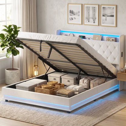 5ft King Bed Frame with Headboard, Platform Bed Frame with Hydraulic Storage, LED Lights and Charging Station, White