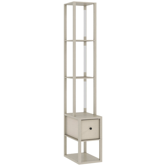 Floor Lamp with Shelves, LED Column Modern Standing Lamp with Fabric Drawer, Adjustable Brightness, Foot Switch for Living Room, Bedroom, Office
