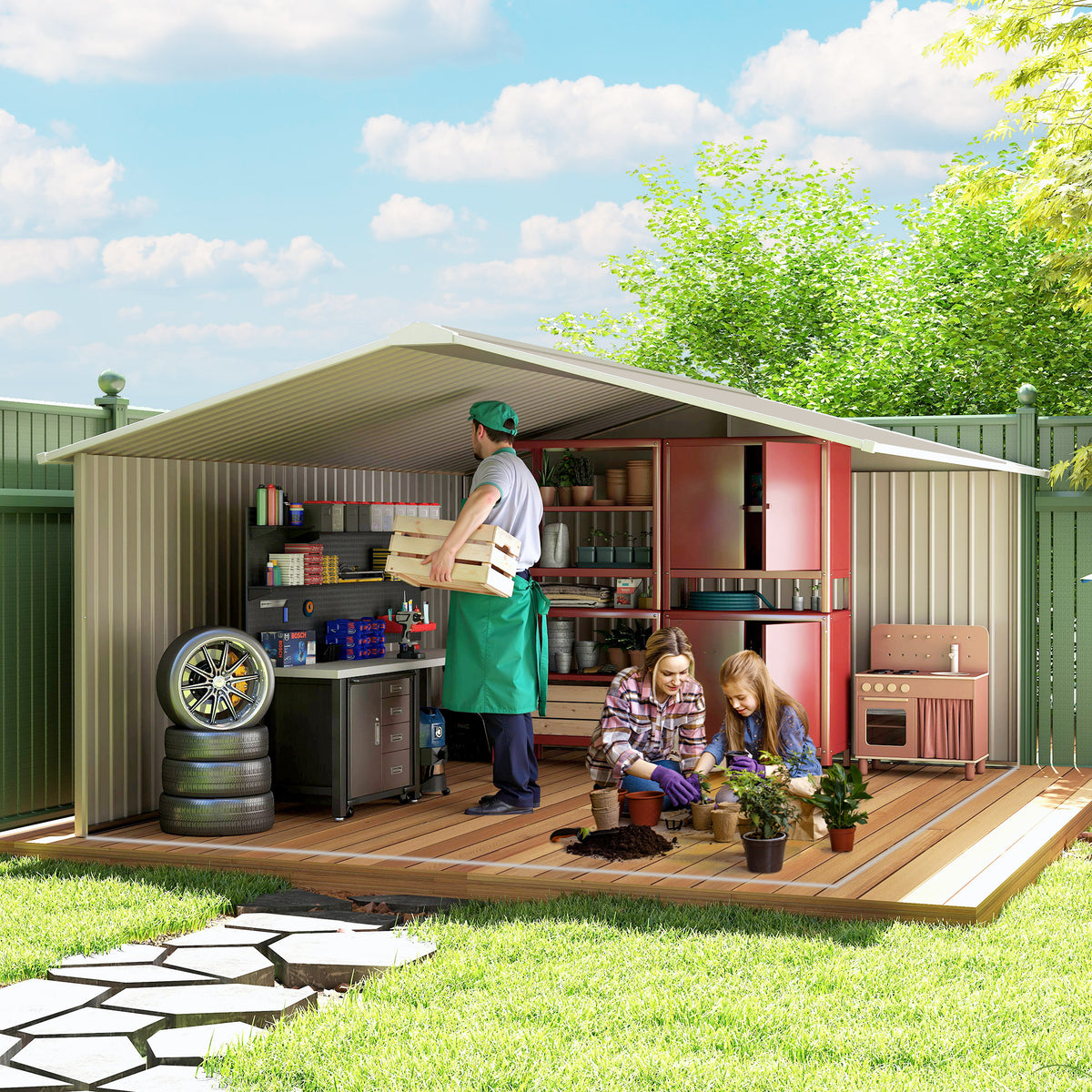13 x 11ft Large Garden Shed, Mental Garden Storage Shed with Foundation Kit Ventilation & Doors, Light Grey