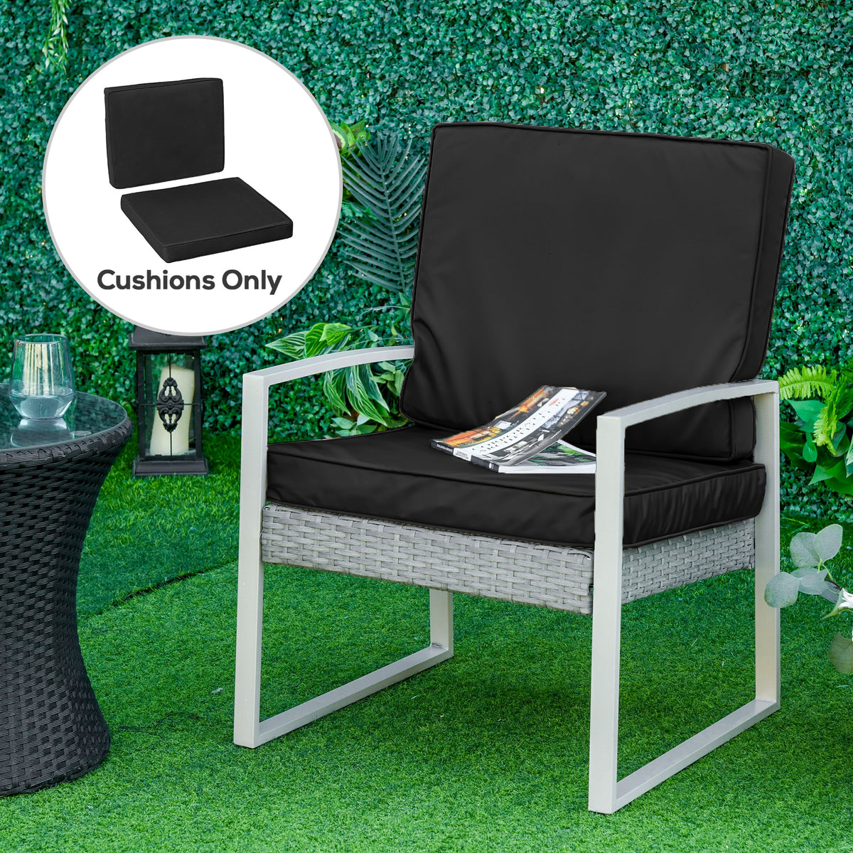 2 Piece Garden Chair Cushions with 1 Seat Cushion 1 Back Pad for Rattan Sofa Chair, Outdoor Seat Pads for Indoor and Outdoor Use, Black