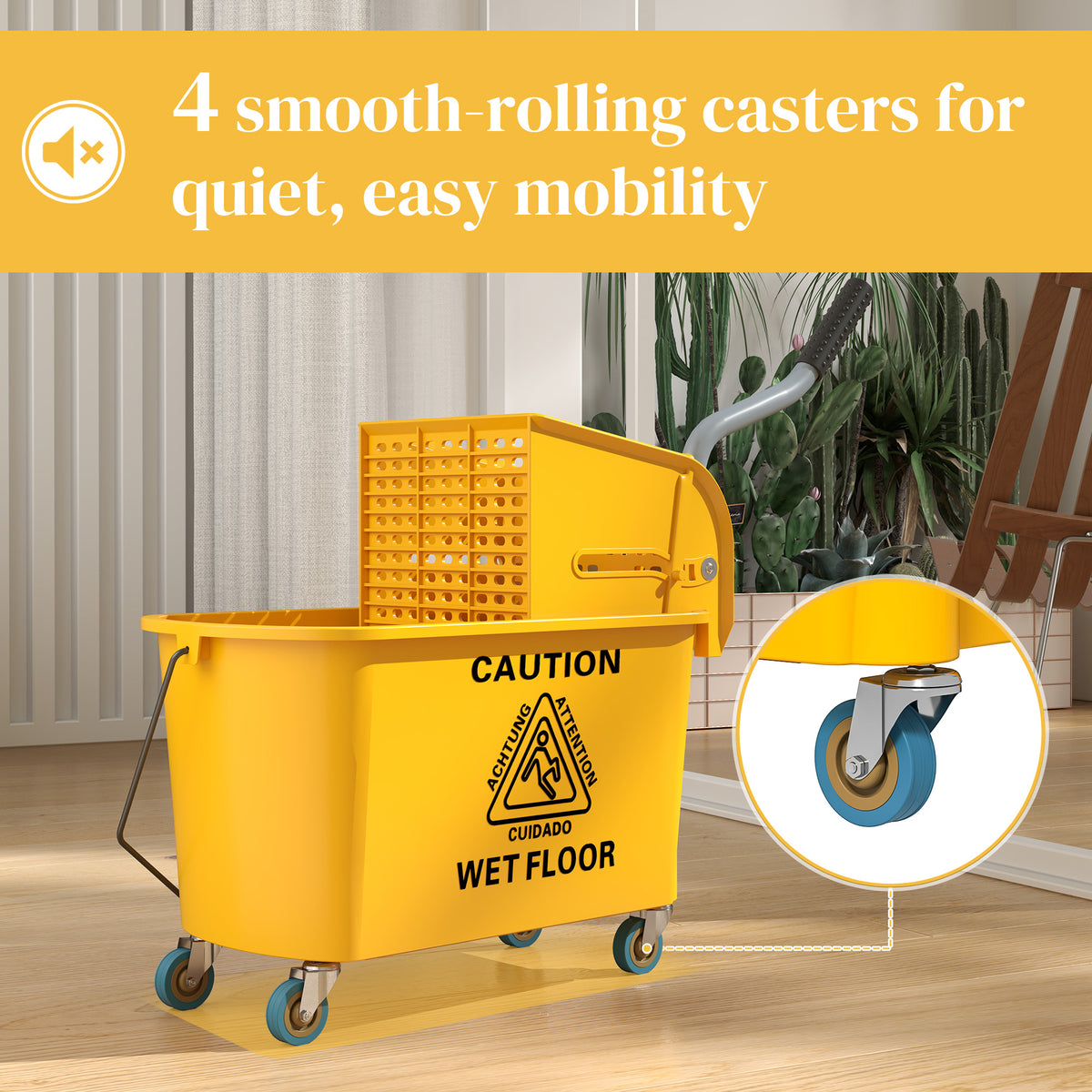 Mop Bucket with Wringer Set on Wheels for Floor Cleaning, 20 Litre Side Press Wringer with Handle and Mop, Yellow