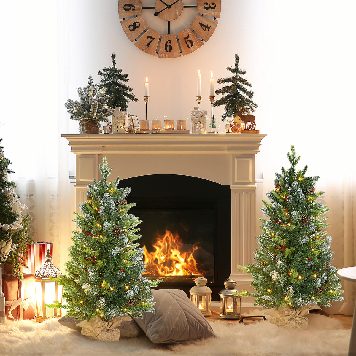 Set of Two 3ft Christmas Trees, with Lights, Berries and Pinecones