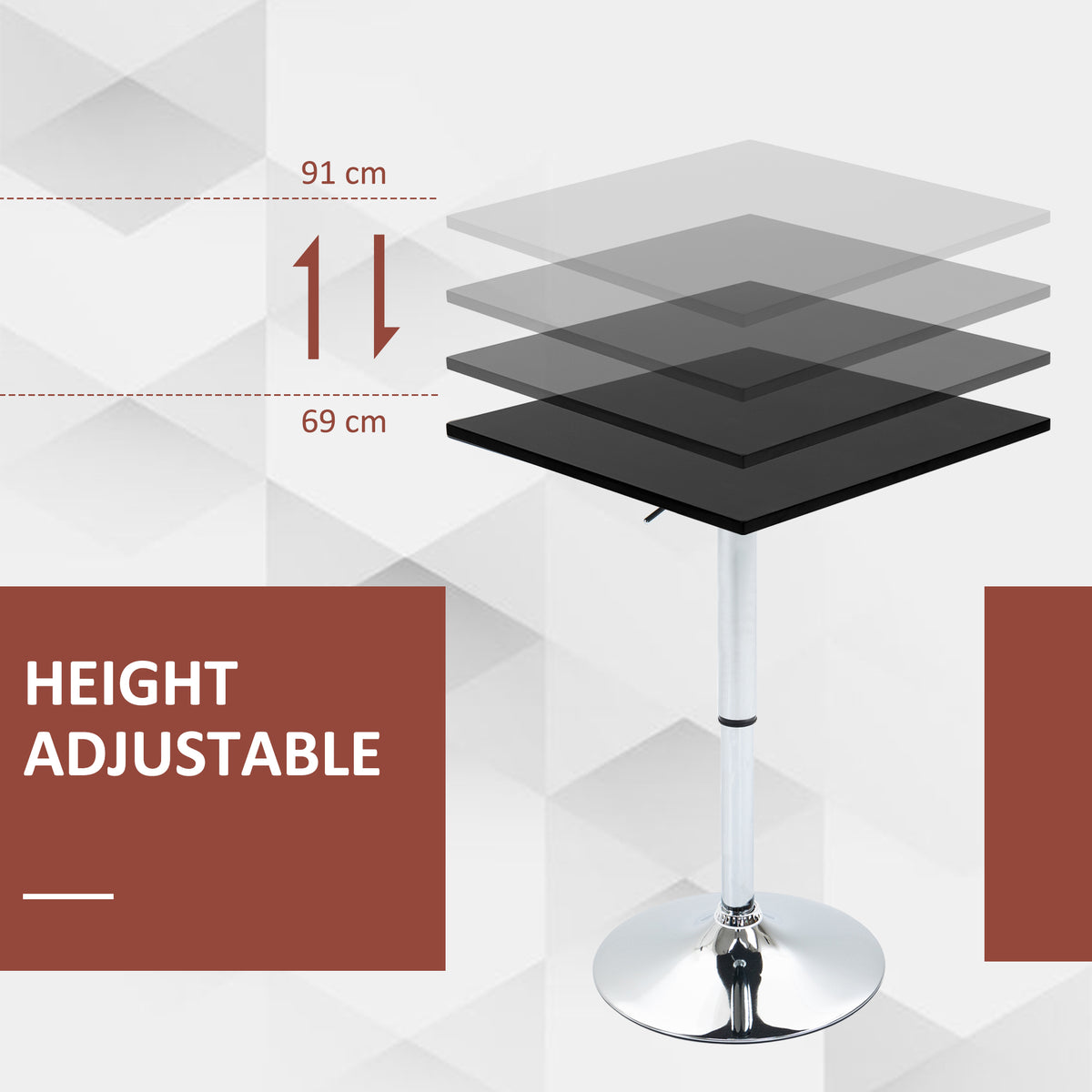 Modern Height Adjustable Counter Bar Table with 360° Swivel Tabletop and Electroplating Metal Base, Pub Desk for Living Room, Kitchen, Restaurant, Pub, Black and Silver
