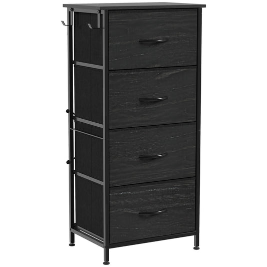 Chest of Drawers, Dresser with 4 Fabric Drawers, Tall Storage Unit with 4 Pockets and 2 Hooks, Steel Frame, Black