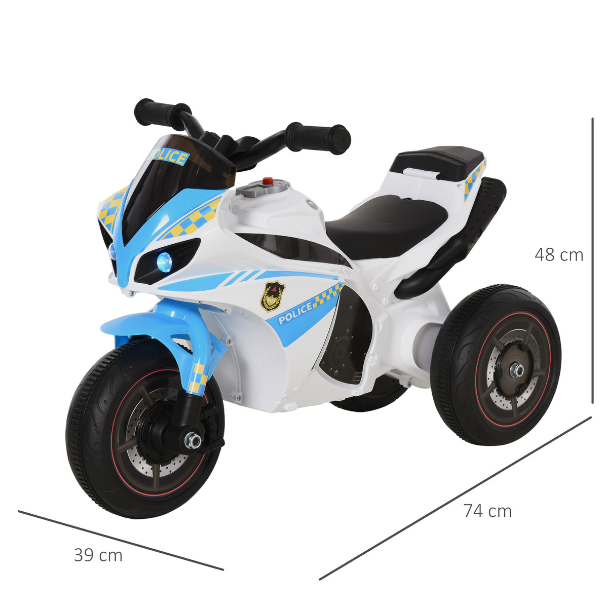 Kids Ride-On Police Bike 3-Wheel Vehicle w/ Music Lights Seat Handlebars Toddler NO POWER Child Learning Fun Development 18-36 Months Blue