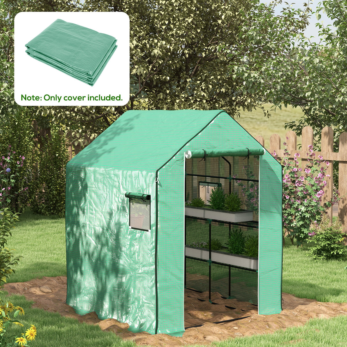 Greenhouse Cover Replacement Walk-in PE Hot House Cover with Roll-up Door and Windows, 140 x 143 x 190cm