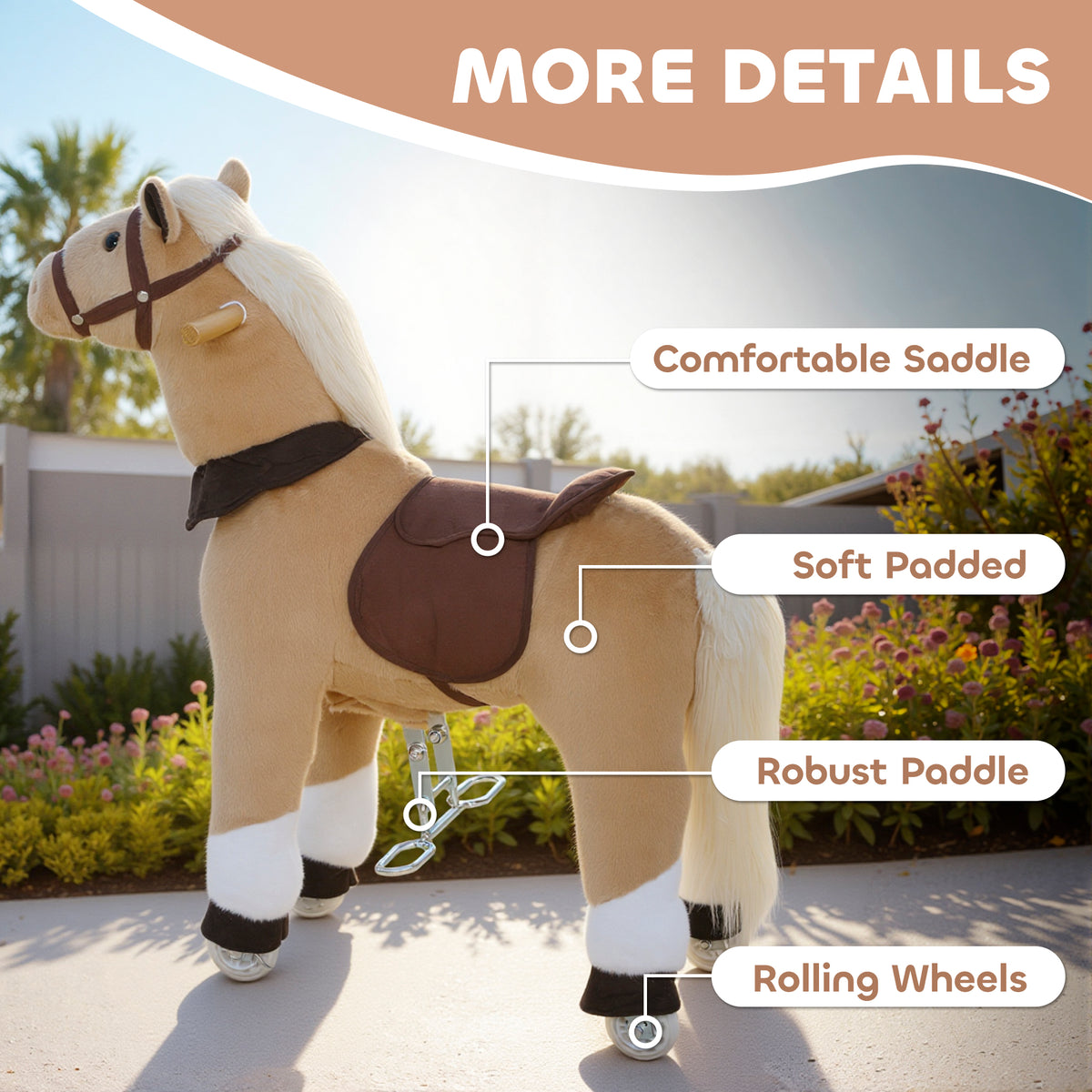 Rocking Horse, Plush Ride On Horse with Rolling Wheels & Saddle, Ride On Pony Toy for Kids 3-5 Years, Up to 25kg, Brown