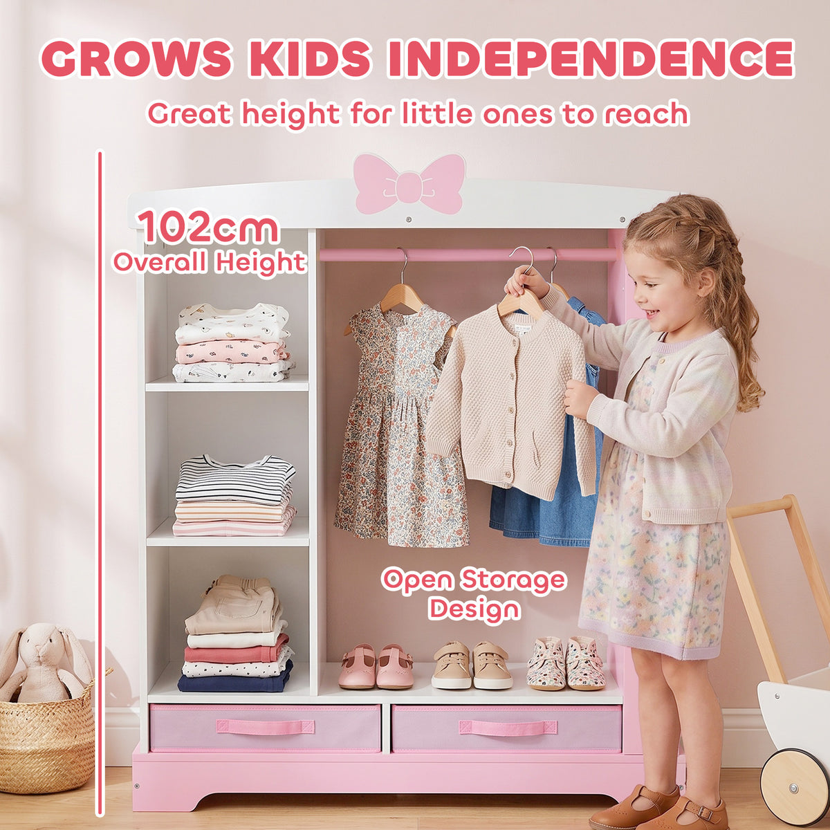 Kids Wardrobe with Lighted Mirror, Clothes Rail, Jewelry Cabinet, Shelves, Storage Boxes for Bedroom, Nursery, Pink