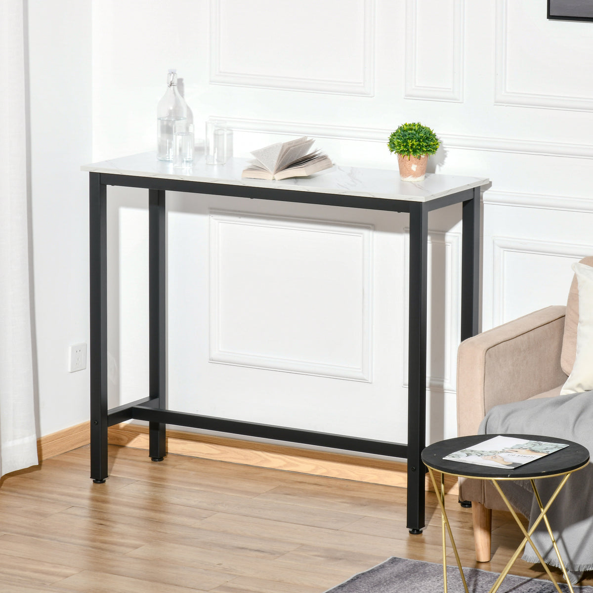 Rectangular Bar Table, Wood Effect Coffee Table for Small Space, Breakfast Dining, Kitchen, Industrial, White & Black
