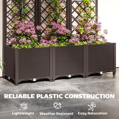 Raised Garden Bed with Trellis, Plastic Planter Box with Drainage Holes, Drain Plugs and Water Reservoirs for Climbing Plants, Vegetables, Flowers, Brown