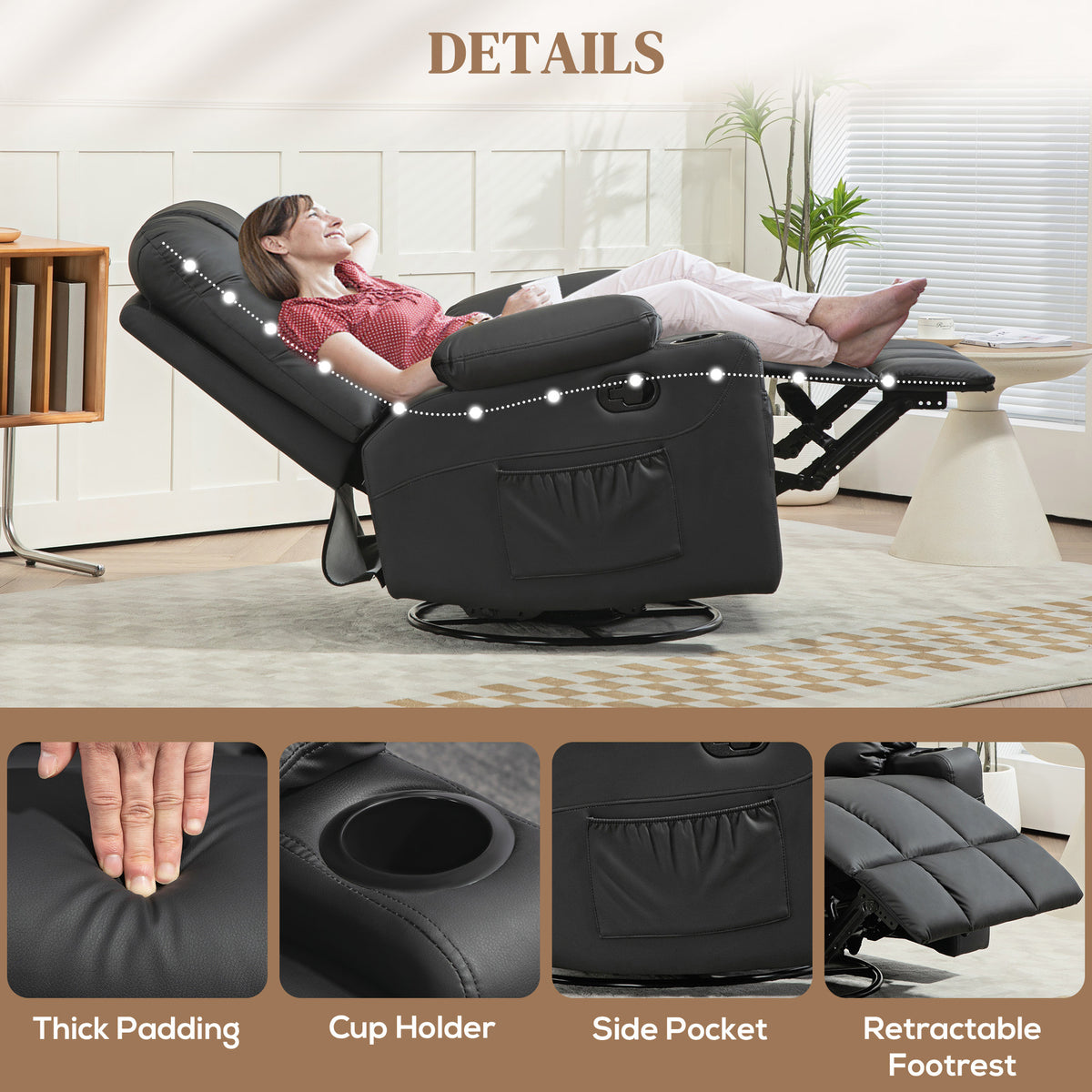 Manual Reclining Chair, Recliner Armchair with Swivel, Faux Leather, Footrest, Cup Holders, 86x93x102cm, Black