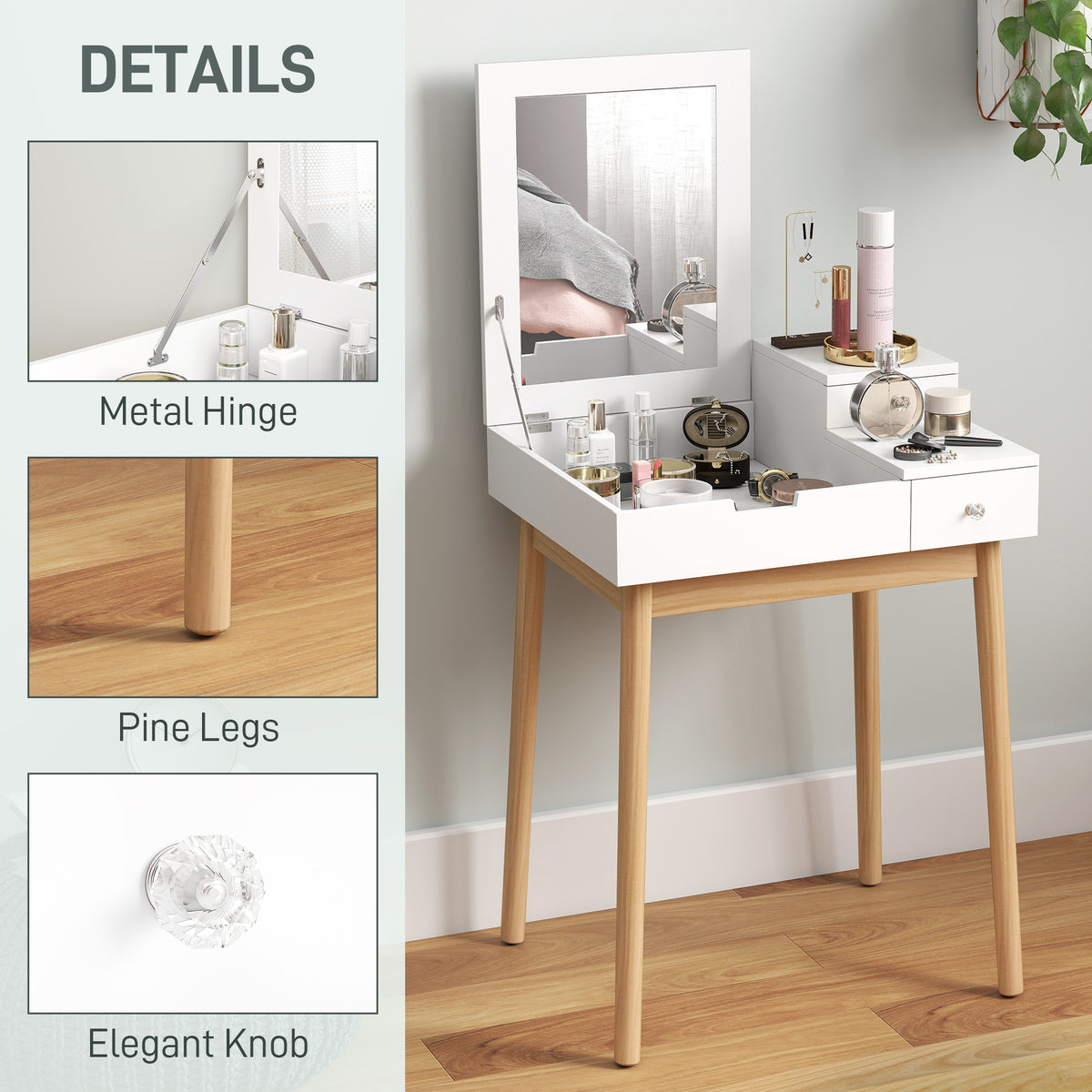 Dressing Table with Flip-up Mirror, Makeup Desk with 2 Drawers and Pine Wood Legs, Vanity Table Writing Desk for Bedroom Living Room