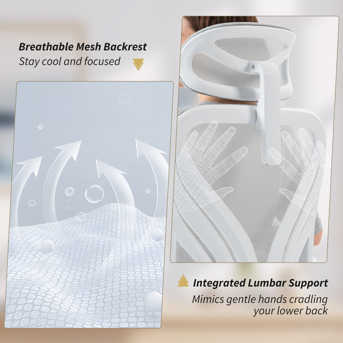 Ergonomic Office Chair with Foldable Backrest, 2D Headrest - Light Grey