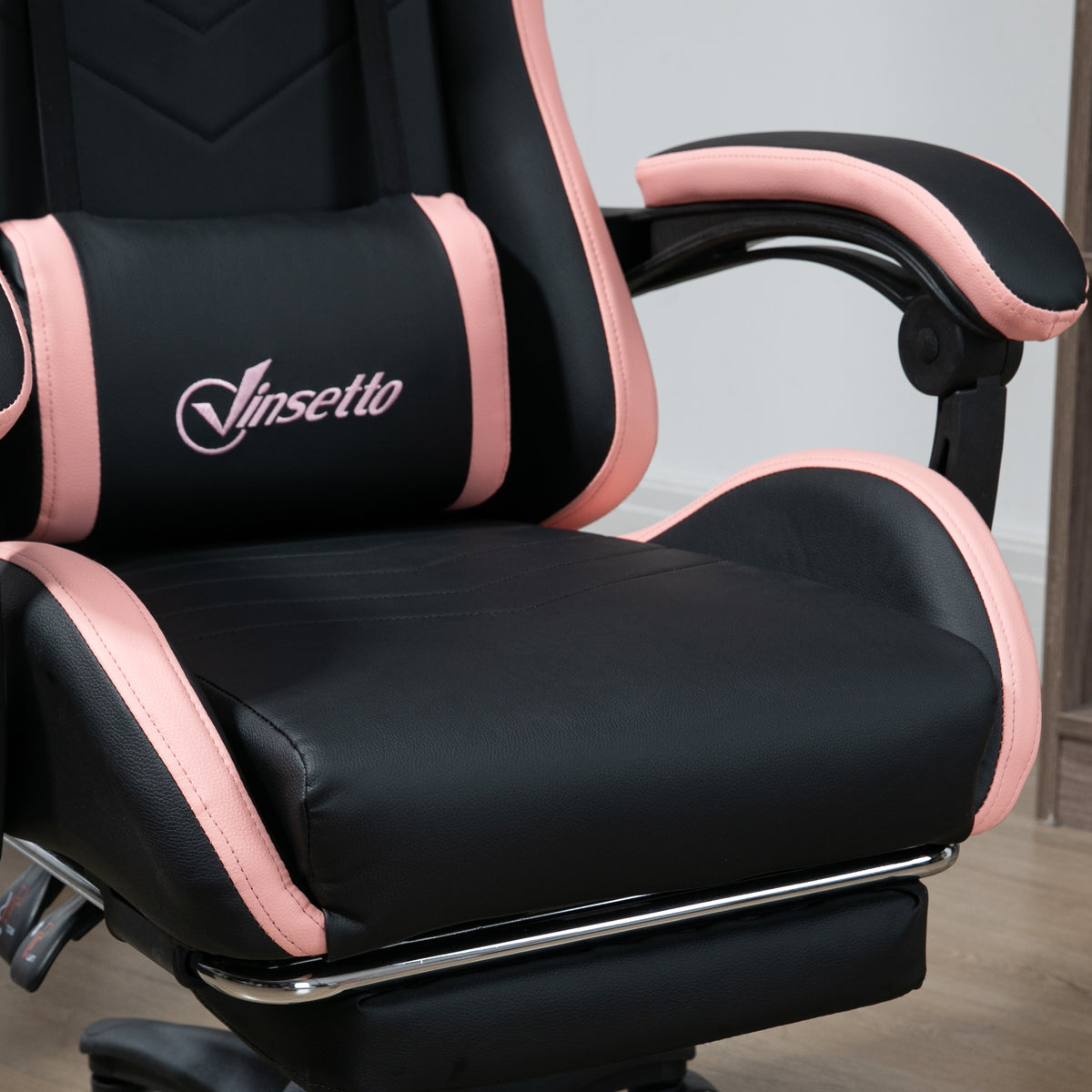 Gaming Chair, Computer Gamer Chair with Reclining High Back, Headrest, Lumbar Support, Footrest, Swivel Wheels, PU Leather, Adjustable Height for Home, Black and Pink