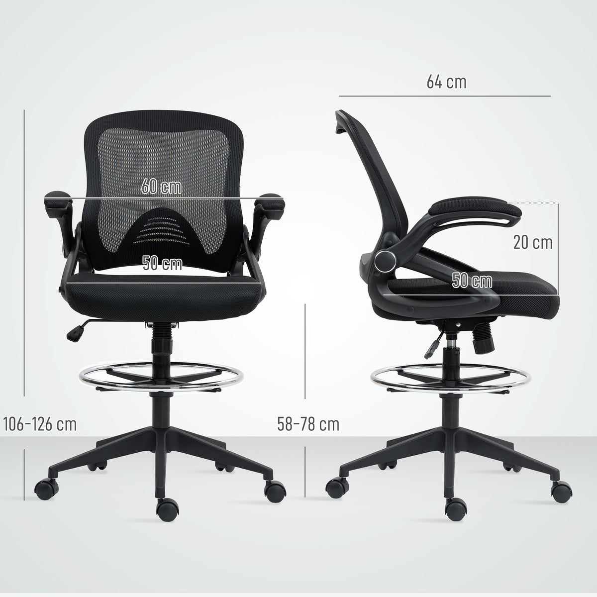 Drafting Chair with Flip-up Armrest, Mesh Office Stool with Foot Ring, 360 Degree Swivel Height Adjustable Chair for Standing Desk, Black