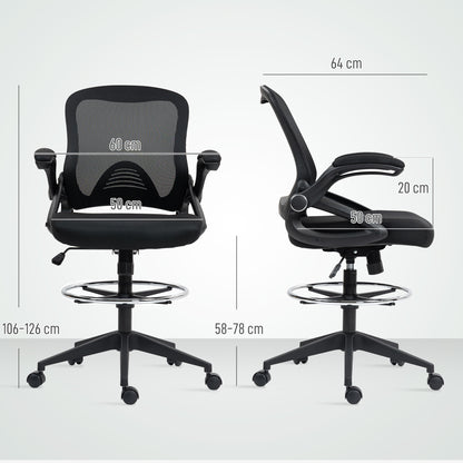 Drafting Chair with Flip-up Armrest, Mesh Office Stool with Foot Ring, 360 Degree Swivel Height Adjustable Chair for Standing Desk, Black