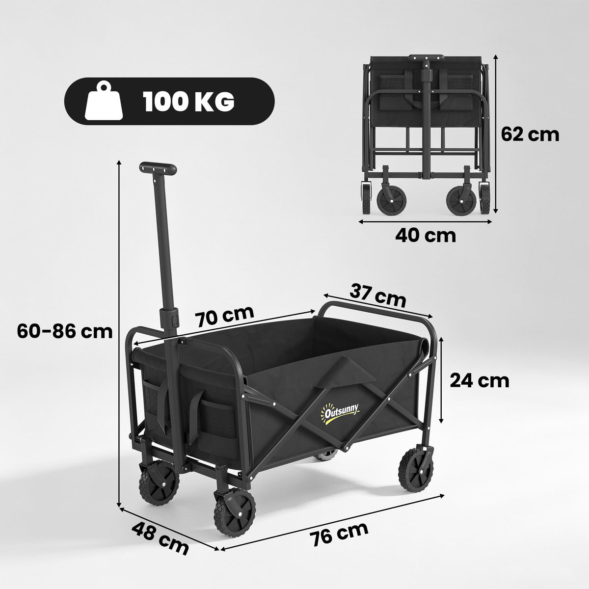 93L Festival Trolley on Wheels, Garden Folding Trolley Cart, 100kg Heavy Duty Collapsible Folding Wagon with Adjustable Handle and Carrying Bag for Beach, Camping, Festival