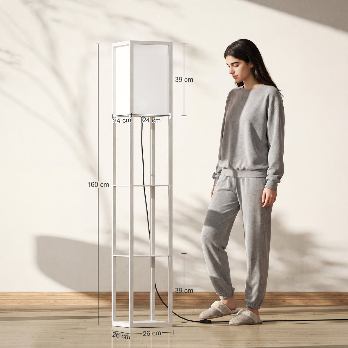3-Tier Floor Lamp with Shelves and Storage, Modern Corner Standing Lamp with Lampshade, Foot Switch for Living Room, Bedroom, Home Office, Bulb not Included, White
