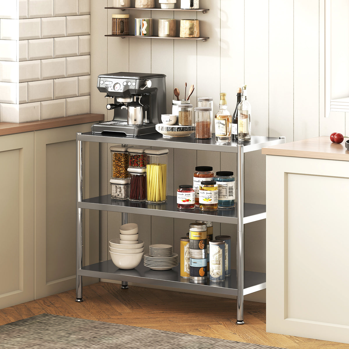 3-Tier Bakers Rack with Storage, Stainless Steel Microwave Stand with Adjustable Shelves for Small Spaces, Kitchen Storage Unit for Spices, Pots and Pans, Silver Tone