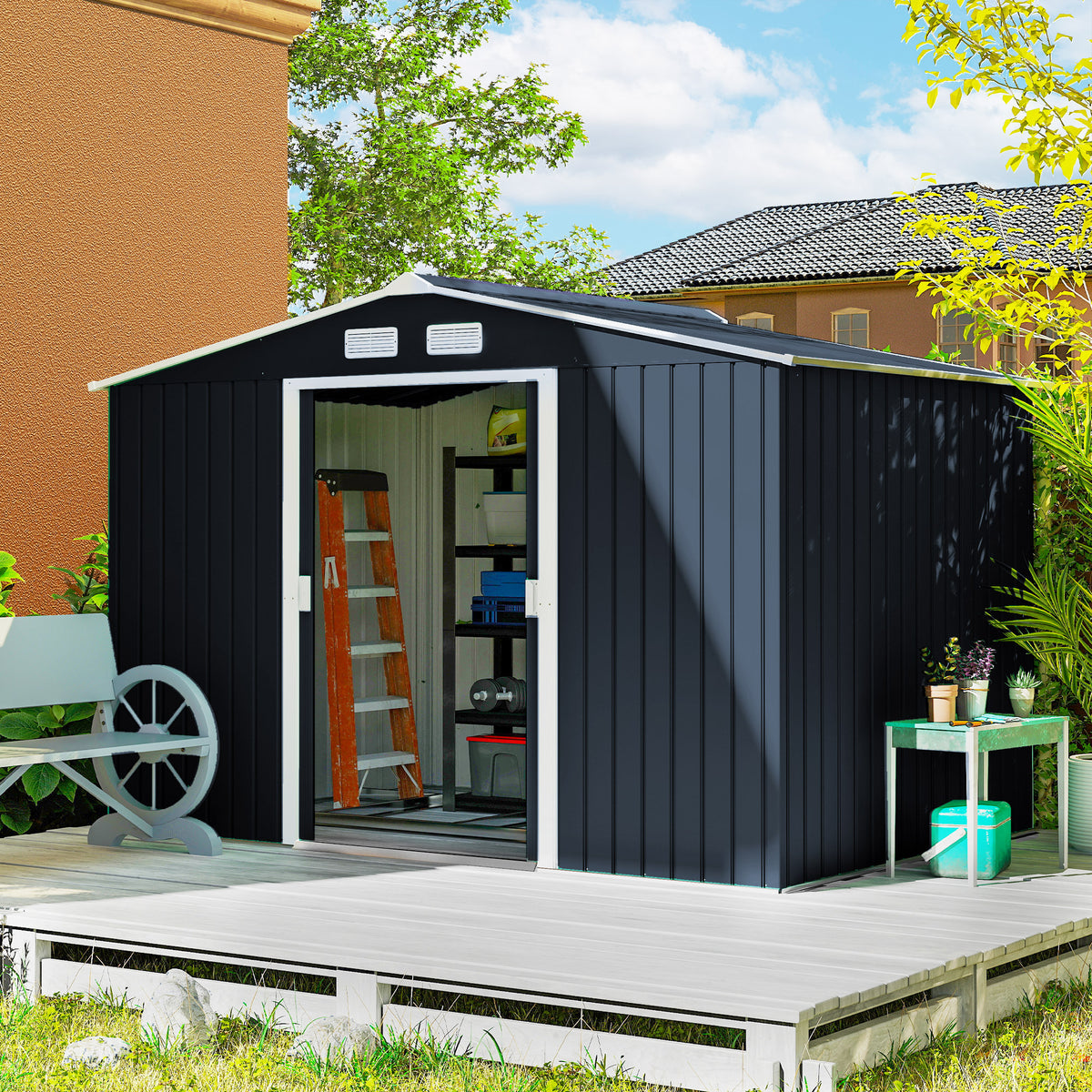 9 x 6ft Metal Bicycle Shed, Outdoor Storage Tool House with Ventilation Slots, Foundation Kit and Lockable Double Doors, Dark Grey