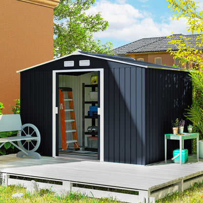 9 x 6ft Metal Bicycle Shed, Outdoor Storage Tool House with Ventilation Slots, Foundation Kit and Lockable Double Doors, Dark Grey