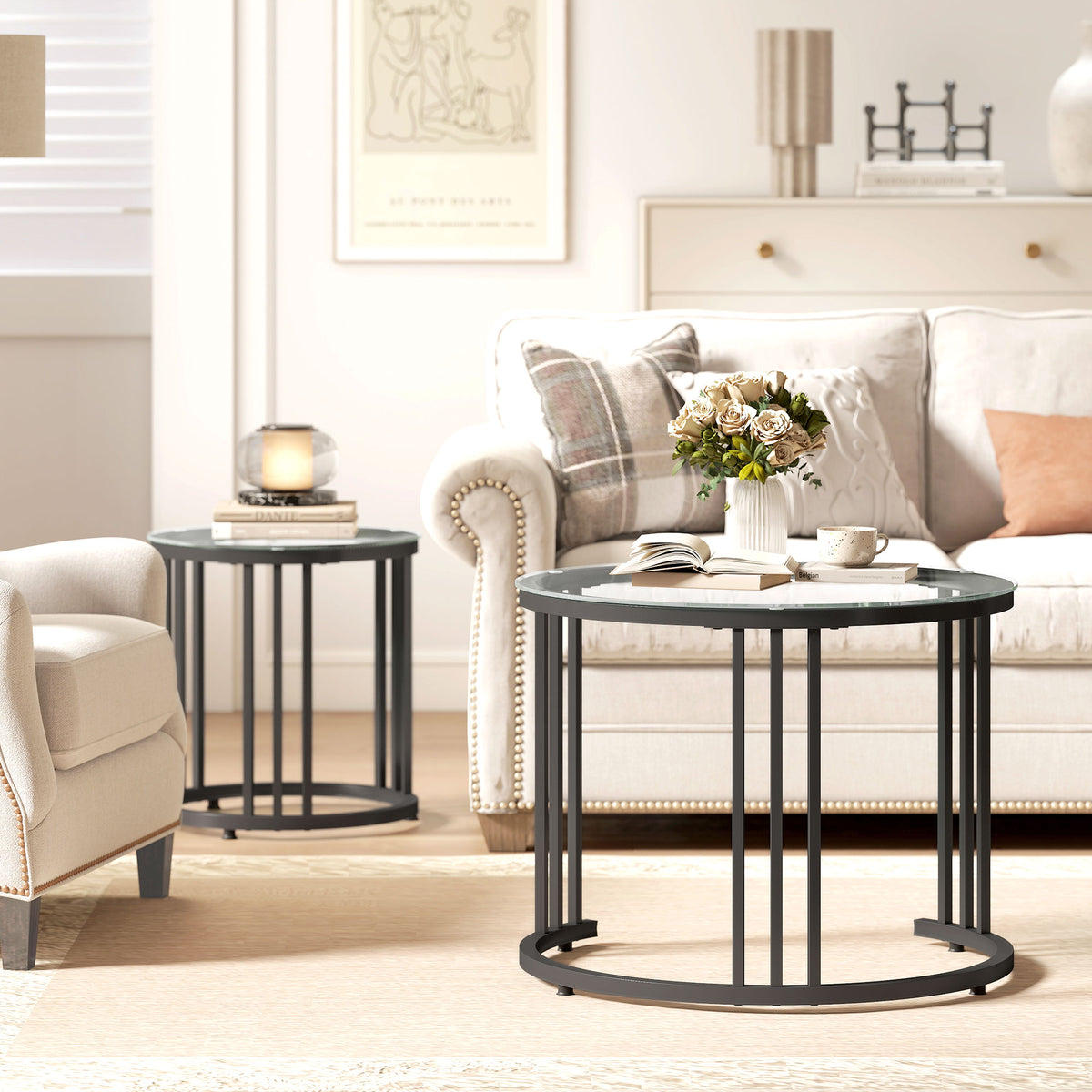 Round Coffee Tables Set of 2, Nesting Tables with Tempered Glass Top and Steel Frame, Black