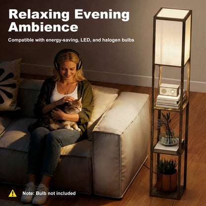 3-Tier Floor Lamp with Shelves and Storage, Modern Corner Standing Lamp with Lampshade, Foot Switch for Living Room, Bedroom, Home Office, Bulb not Included, Brown