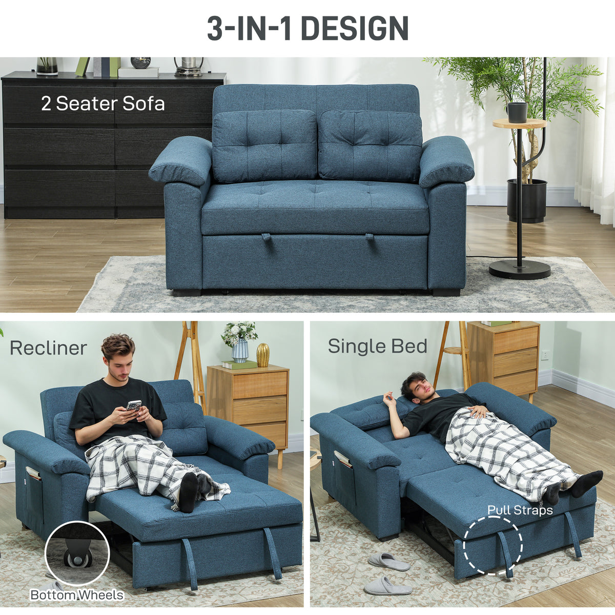 Pull Out Sofa Bed, Fabric 2 Seater Click Clack Sofa Bed Settee with 2 Pocket Springs, Convertible Sofa Couch with Pillows and Side Pockets for Living Room, Home Office, Blue