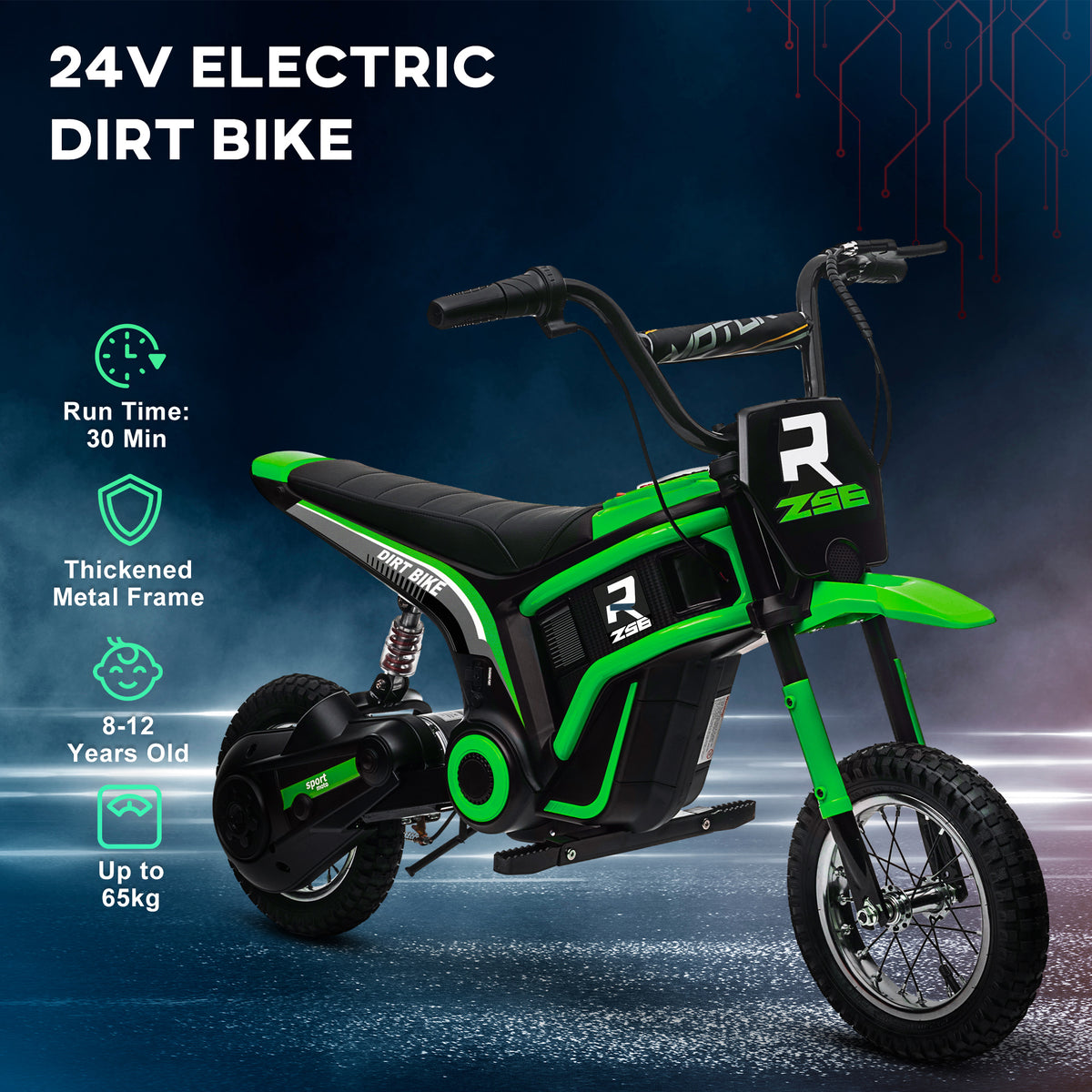 24V Electric Motorbike with Twist Grip Throttle, Music, Horn, 12" Pneumatic Tyres, 16km/h Max Speed - Green