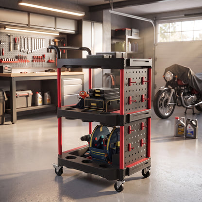 3-Tier Rolling Tool Cart with Pegboard and Hooks, Storage Trolley Wheel Cart with Brakes, Black & Red