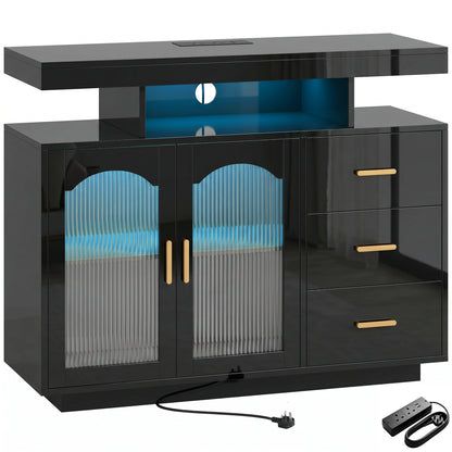 High Gloss Sideboard with LED Lights, Built-in Power Outlets, 3 Drawers, Shelves and 2 Acrylic Doors