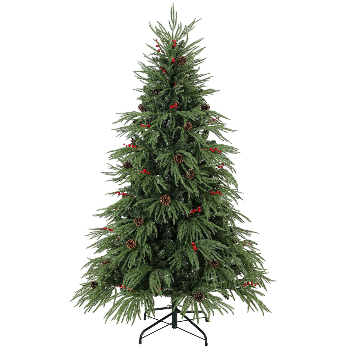 6ft Artificial Christmas Tree with Pinecones, Red Berries, Hinged Predecorated Xmas Tree with 2843 Branch Tips