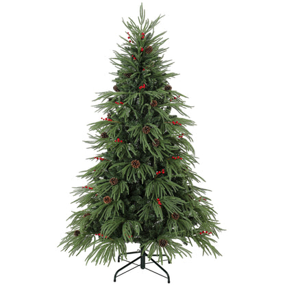 6ft Artificial Christmas Tree with Pinecones, Red Berries, Hinged Predecorated Xmas Tree with 2843 Branch Tips