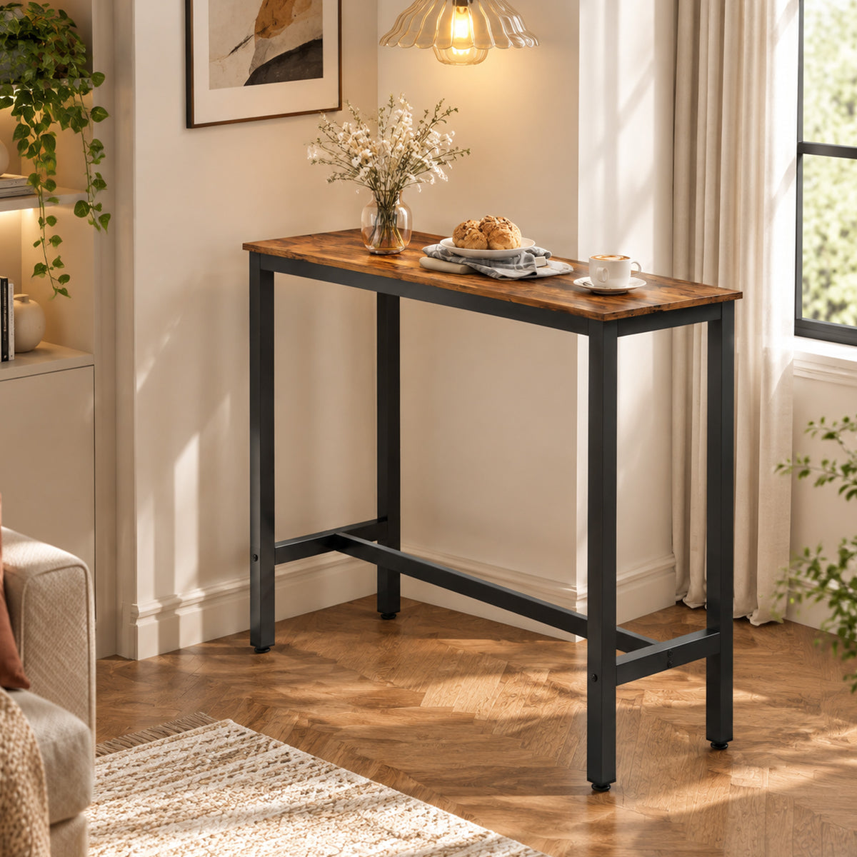 Rectangular Bar Table, Wood Effect Pub Coffee Table for Small Space, Breakfast Dining, Kitchen, Industrial, Rustic Brown