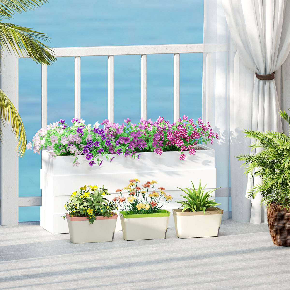 Set of 3 Self Watering Plant Pots Outdoor, 27cm Rectangular Garden Planters with Visual Water Level Window, Plastic Flower Pots for Indoor Outdoor Garden Balcony Windowsil