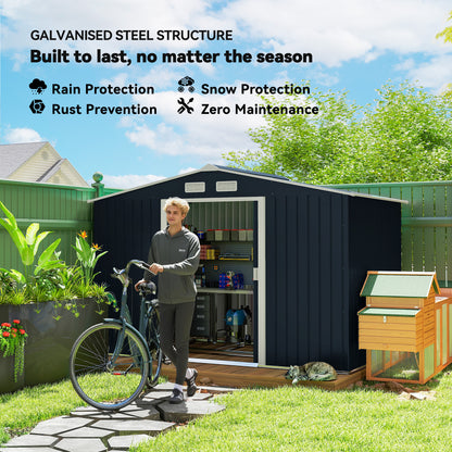 9 x 6ft Metal Bicycle Shed, Outdoor Storage Tool House with Ventilation Slots, Foundation Kit and Lockable Double Doors, Dark Grey