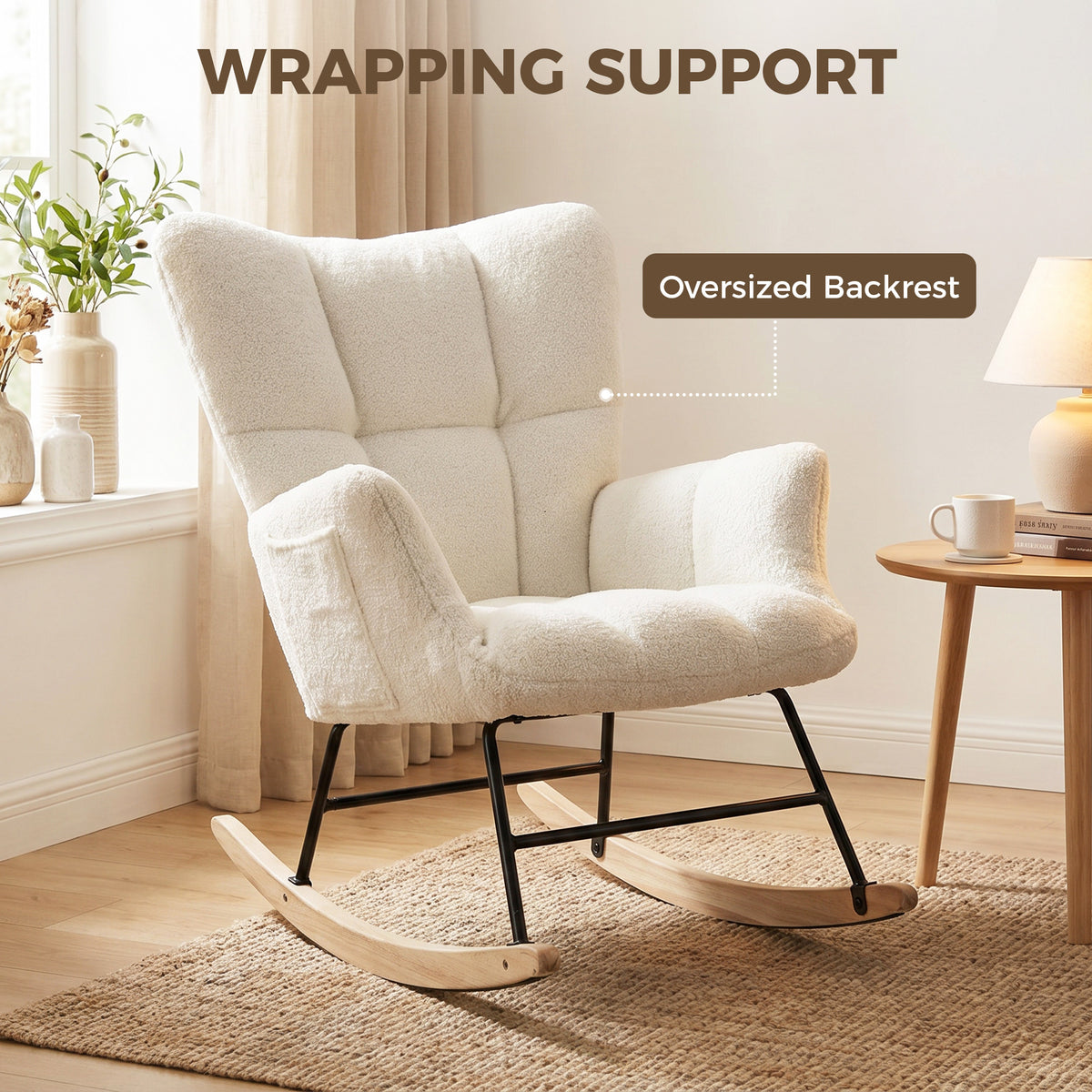 Rocking Chair, Teddy Fleece Rocker Chair with Tufted Wingback, Side Pockets, Rubber Wood Legs