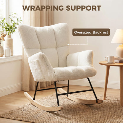 Rocking Chair, Teddy Fleece Rocker Chair with Tufted Wingback, Side Pockets, Rubber Wood Legs