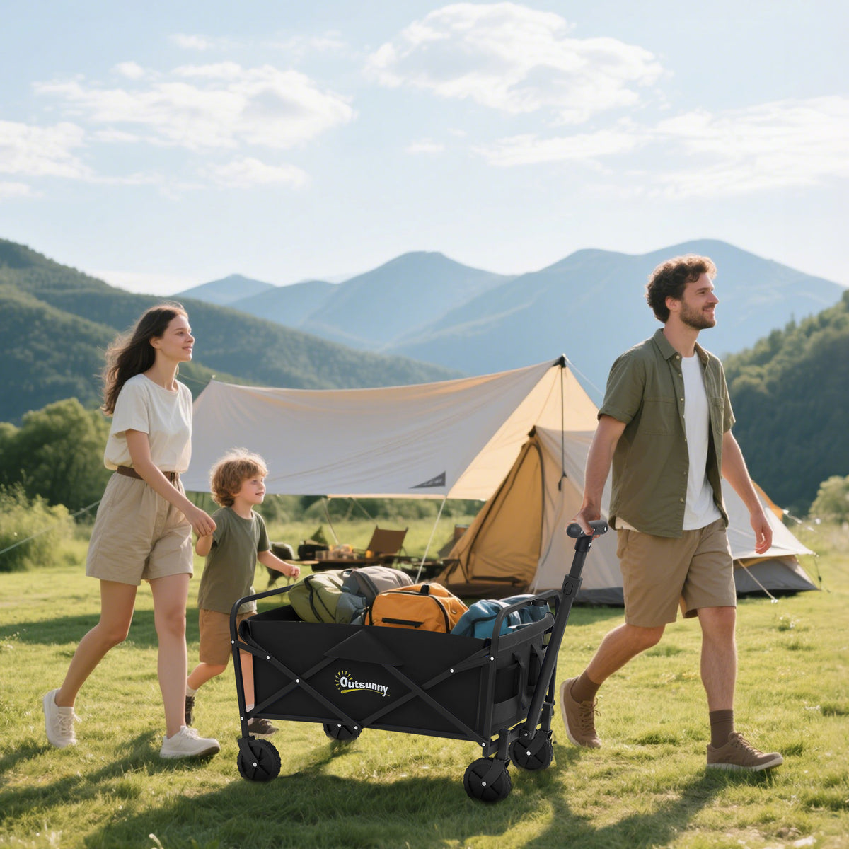 93L Festival Trolley on Wheels, Garden Folding Trolley Cart, 100kg Heavy Duty Collapsible Folding Wagon with Adjustable Handle and Carrying Bag for Beach, Camping, Festival
