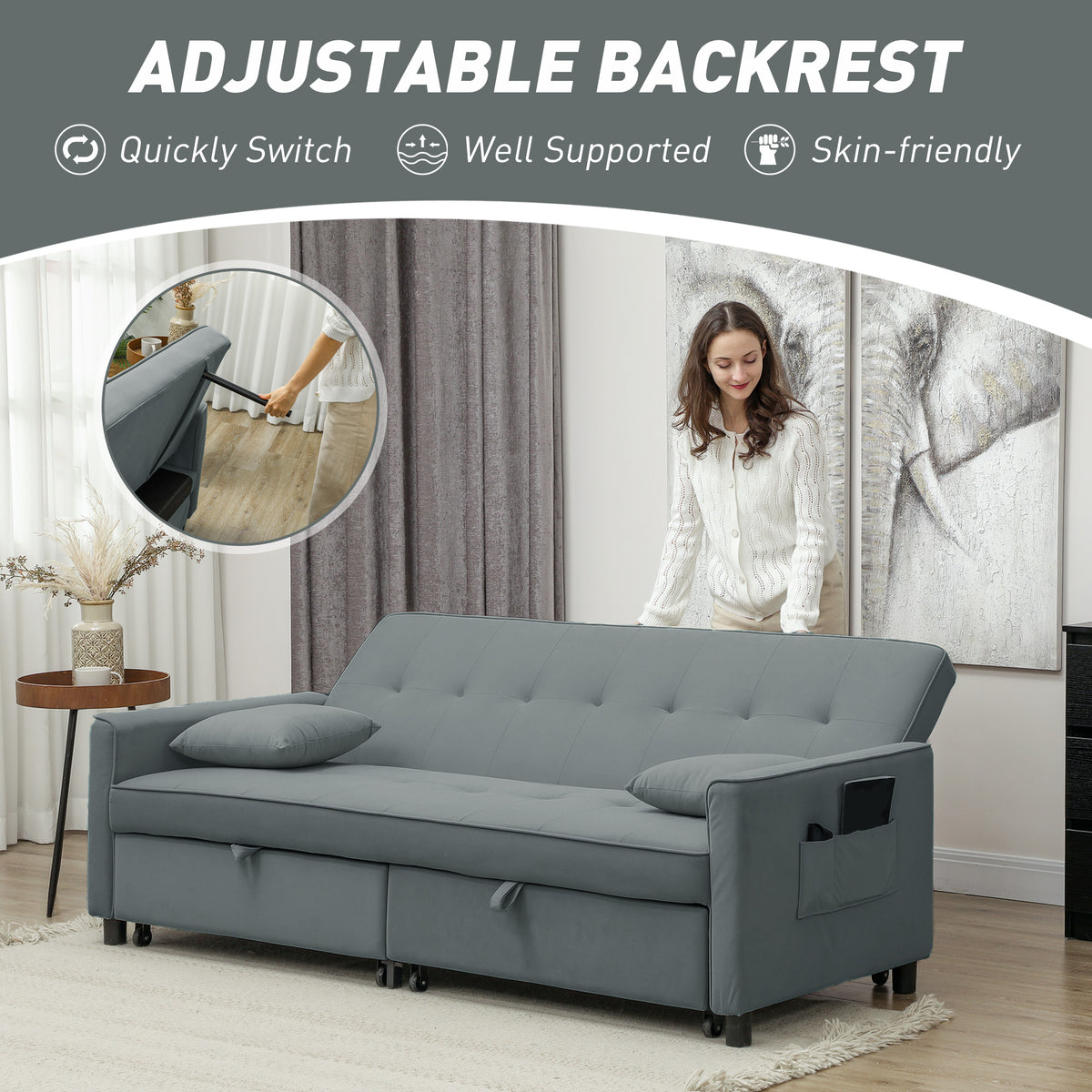 Three-Person Velvet-Feel Sofa Bed - Grey