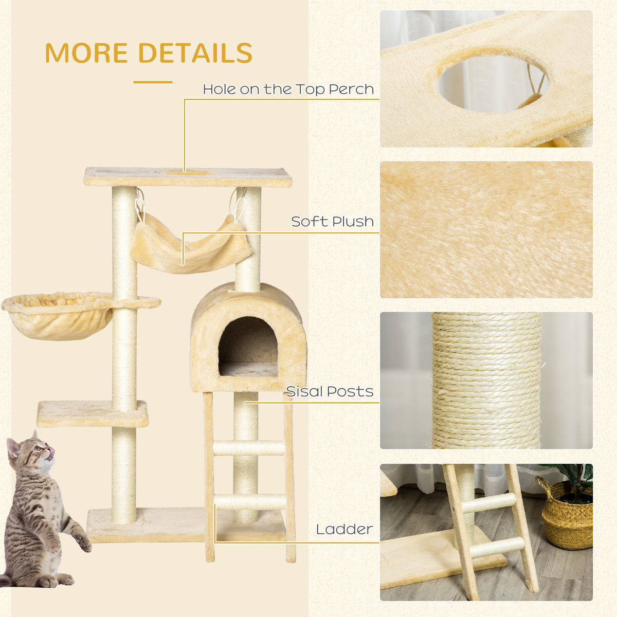 Cat Tree Tower for Indoor Cats Kitten Activity Centre Scratching Post w/ Hammock House Basket Ladder - Beige