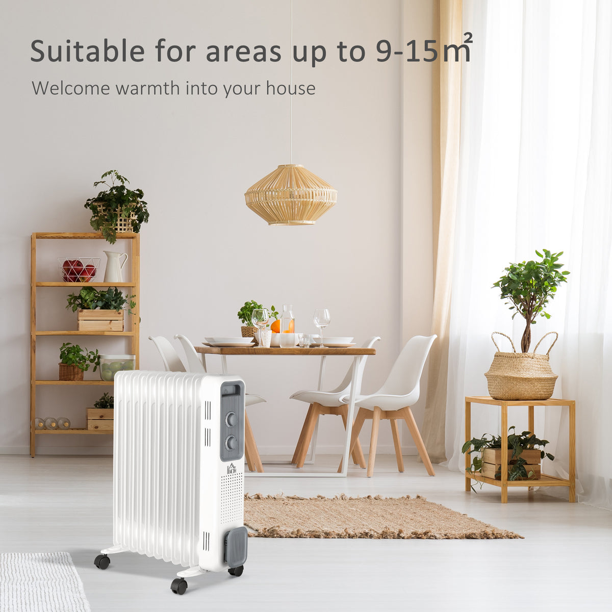 2500W Oil Filled Radiator, 11 Fin, Portable Electric Heater with 3 Heat Settings, Safety Cut-Off and Wheels