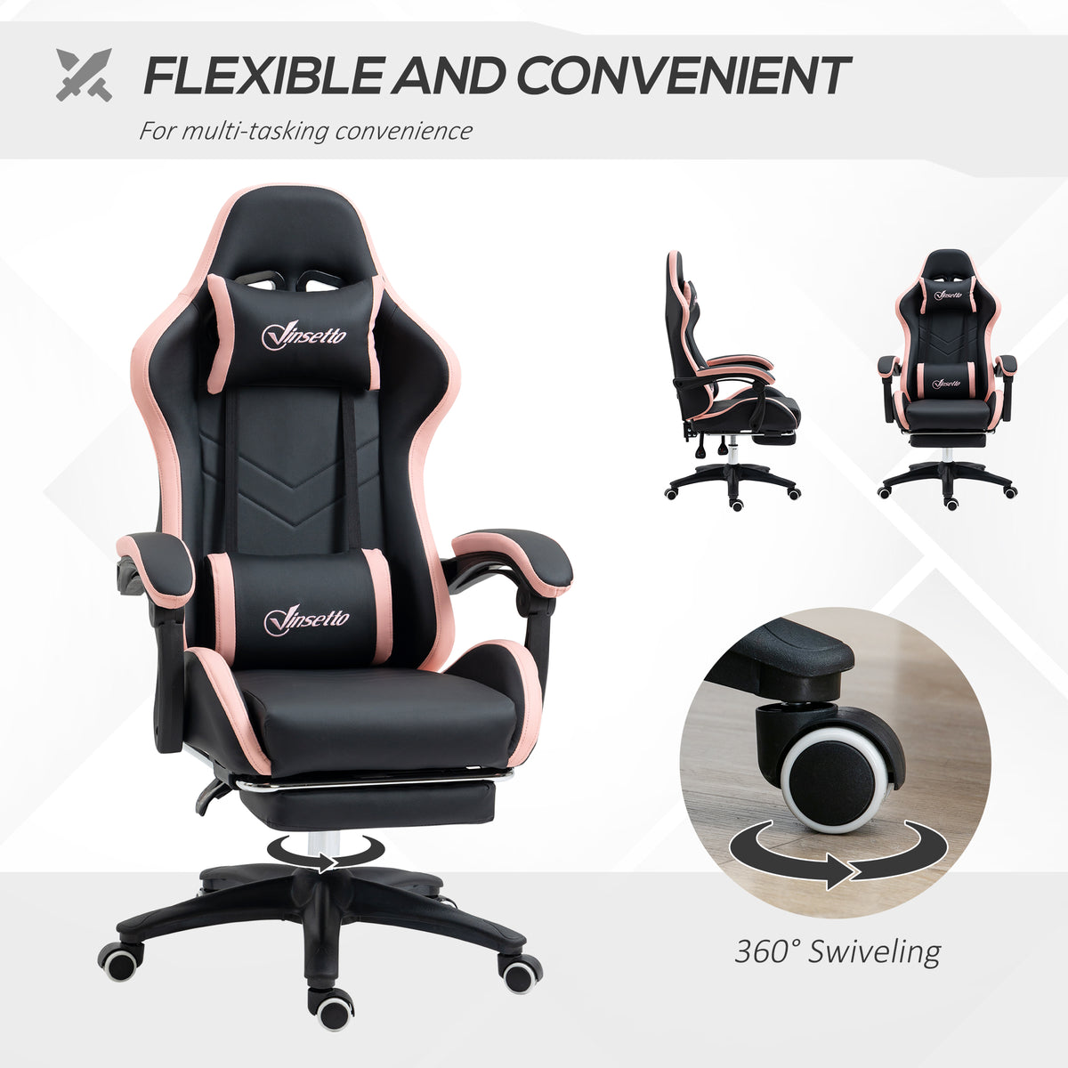 Gaming Chair, Computer Gamer Chair with Reclining High Back, Headrest, Lumbar Support, Footrest, Swivel Wheels, PU Leather, Adjustable Height for Home, Black and Pink