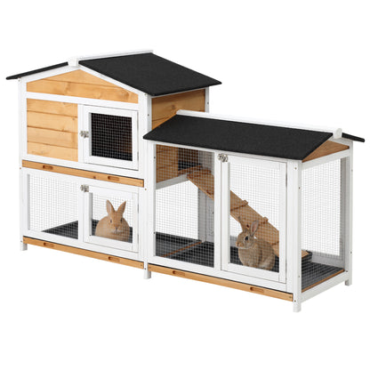2 Tier Rabbit Hutch with No-leak Plastic Trays Wooden Guinea Pig Hutch with Run, Yellow