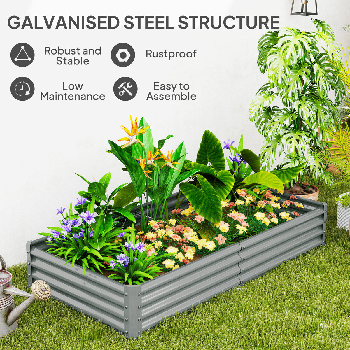 180 x 90cm Galvanised Steel Open Planter - Silver