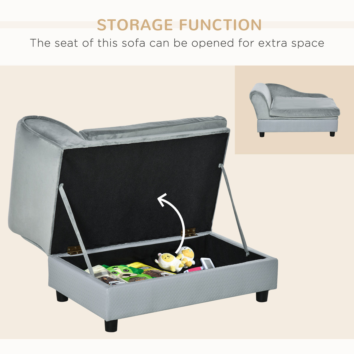 Pet Sofa Chair, with Storage, Cushion, for Small Dogs, Cats - Light Grey