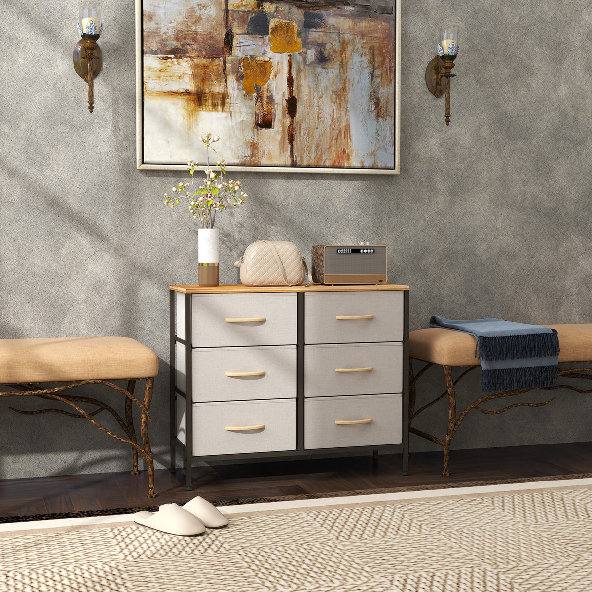 Fabric Chest of Drawers, Industrial Bedroom Dresser with 6 Fabric Drawers, Steel Frame and Wooden Top for Nursery, Living Room, Hallway, Cream White